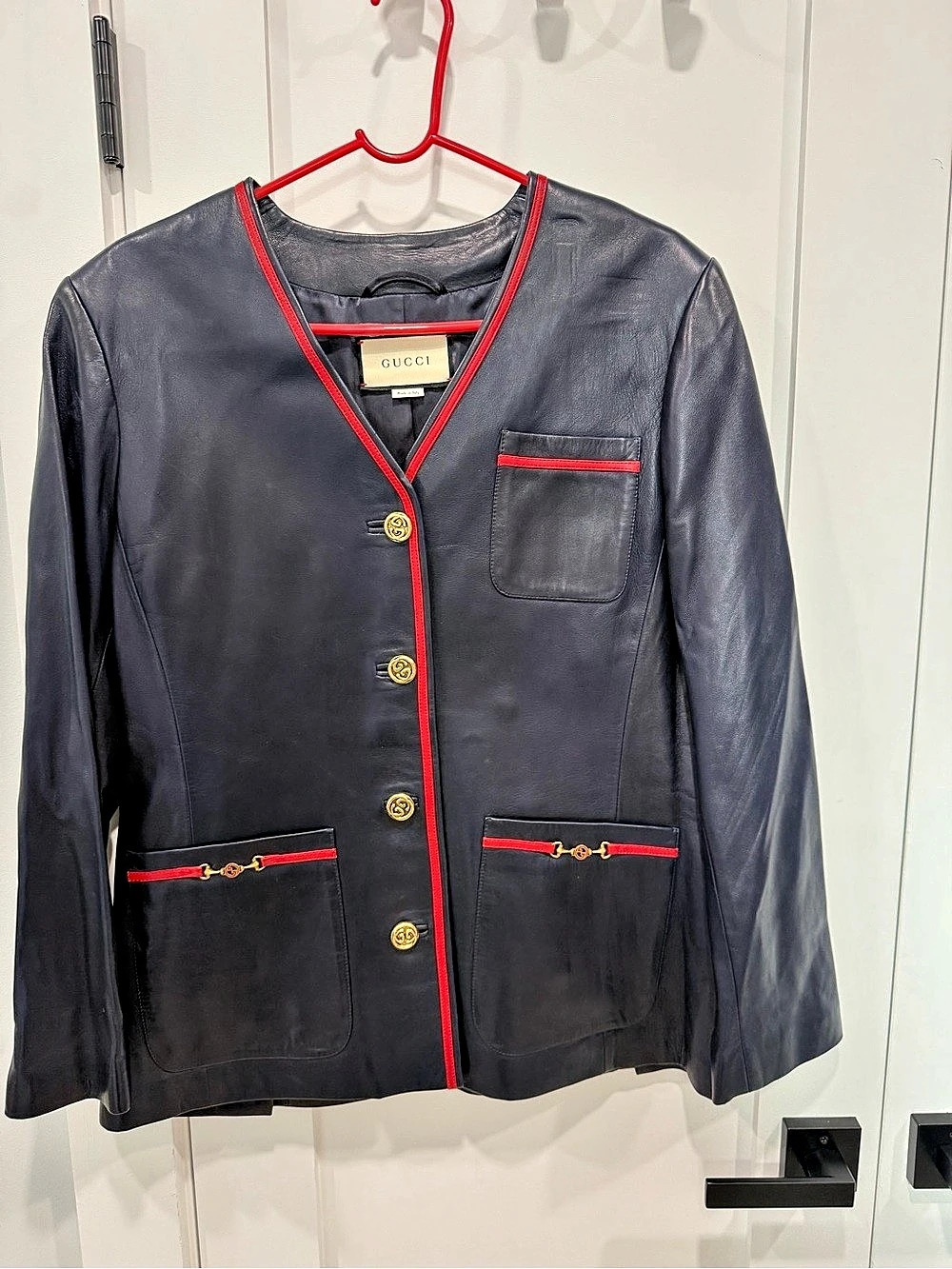 Gucci Leather Jacket in Navy Blue & Red Like New